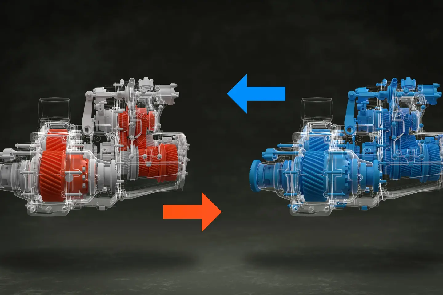 Ein rotes Getriebe mit Pfeil nach rechts und ein blaues Getriebe mit Pfeil nach links