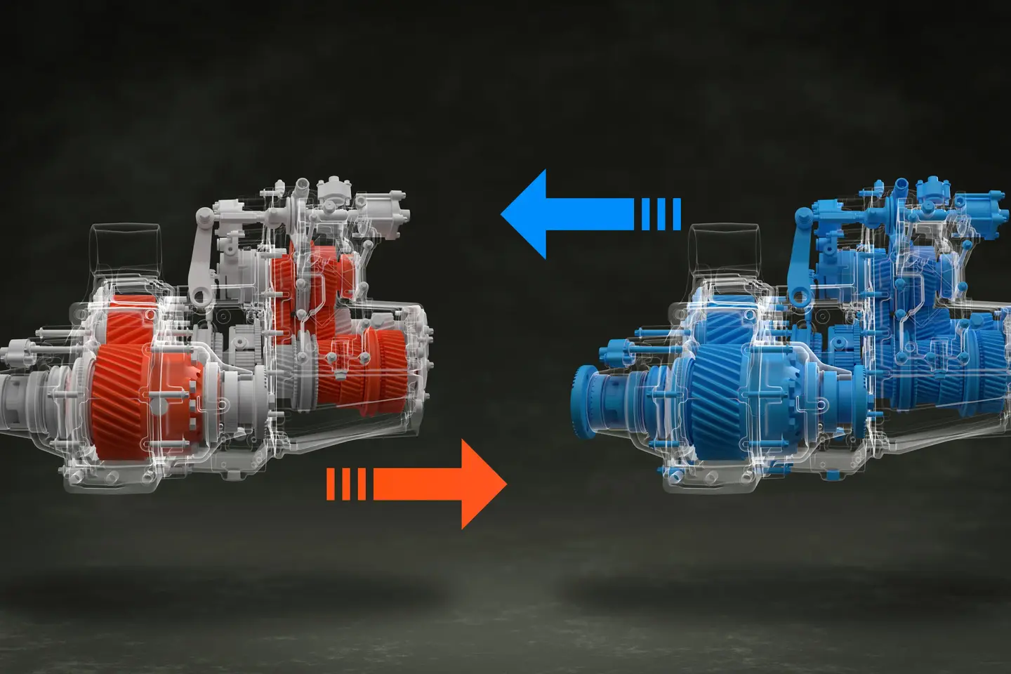 Ein rotes Getriebe mit unterbrochenem Pfeil nach rechts und ein blaues Getriebe mit unterbrochenem Pfeil nach links