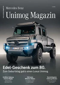 Luxus-Unimog von Mercedes-Benz auf dem Cover des Unimog Magazins, präsentiert in einem modernen Design mit auffälligen LED-Leuchten und robustem Exterieur.