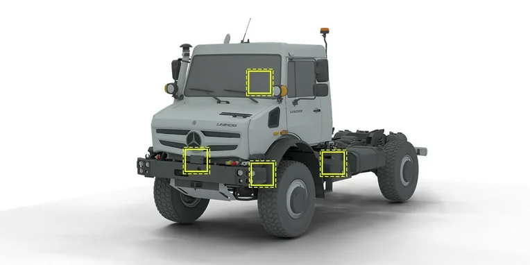 Unimog UHE mit gelben Markierungen an den Stellen, wo GSR-Sensoren verbaut sind.