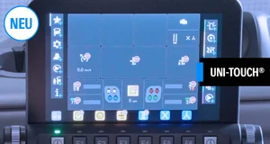 Touchscreen display of the Uni-Touch® interface in a vehicle, featuring various icons for controls and diagnostics, with a speed indicator showing 0.0 mph.