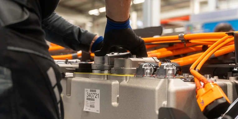 Ein Arbeiter trägt schwarze Handschuhe und arbeitet an einem technischen Gerät, das mit orangefarbenen Kabeln verbunden ist. Die Szene zeigt Nahaufnahmen von Händen, die eine Komponente montieren oder überprüfen.