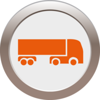 Ein orangefarbener Lkw mit Anhänger, der die Seitenansicht eines Mercedes-Benz Econic zeigt. Der Lkw ist auf einem weißen Hintergrund innerhalb eines runden Rahmens abgebildet.