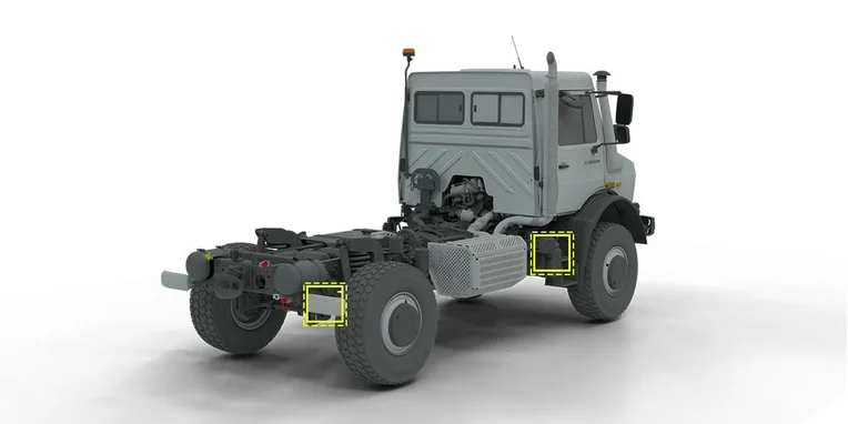 Unimog UHE mit gelben Markierungen an den Stellen, wo GSR-Sensoren verbaut sind.
