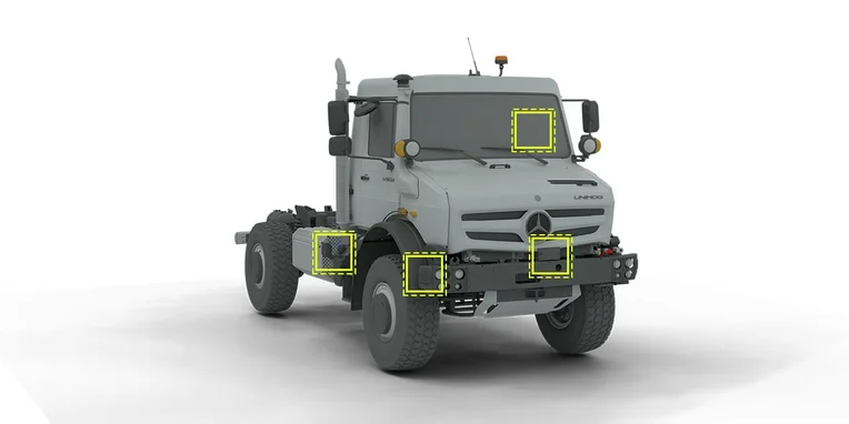 Unimog UHE mit gelben Markierungen an den Stellen, wo GSR-Sensoren verbaut sind.