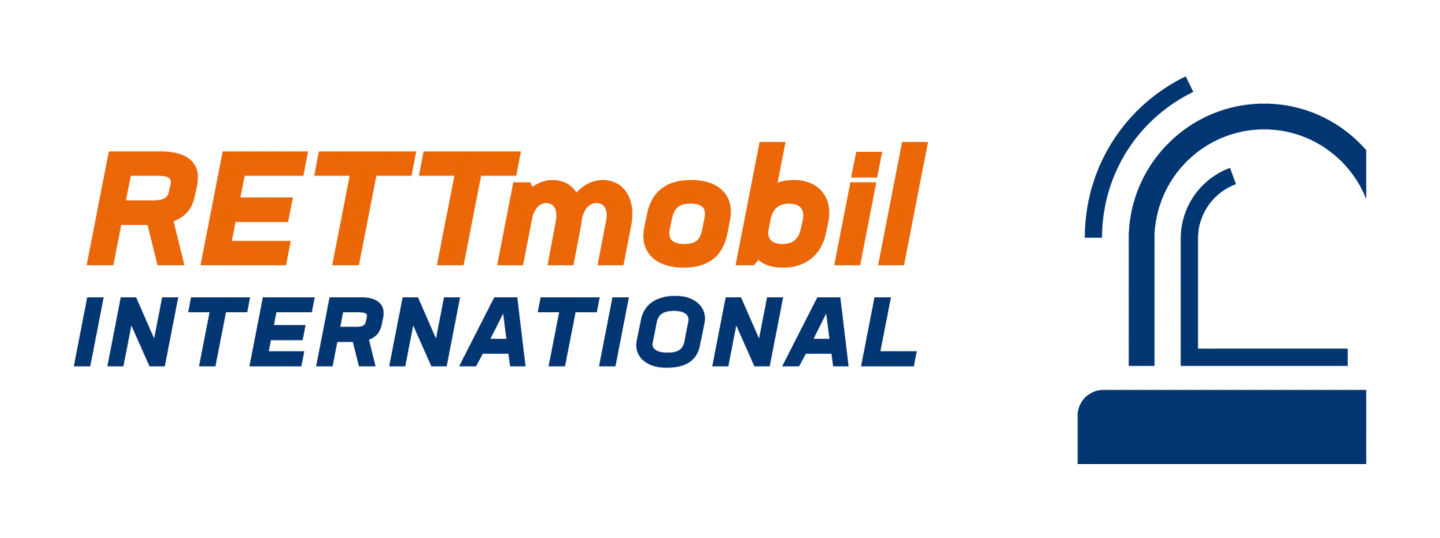 Logo von RETTmobil International, bestehend aus dem Schriftzug „RETTmobil“ in orange und „INTERNATIONAL“ in blau, sowie einem grafischen Symbol im rechten Teil.