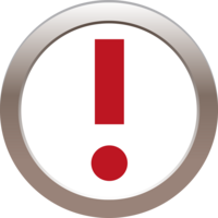 Rundes Symbol mit rotem Ausrufezeichen und einem roten Punkt darunter auf weißem Hintergrund, um auf eine Warnung oder wichtige Information hinzuweisen.