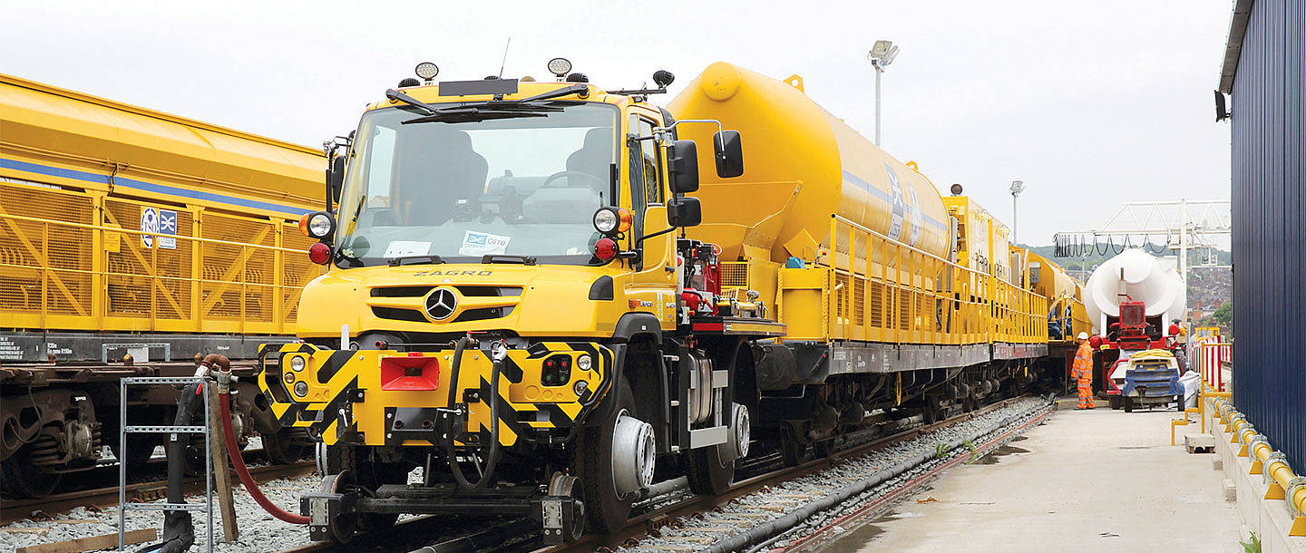 Unimog as a crane and shunting vehicle at Crossrail, London.