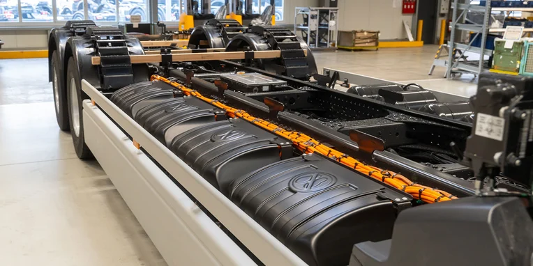 Alt-Text: Nahaufnahme des Rahmens eines Fahrzeugs mit bissfelderen Tanks und einer Komponente auf dem Unterboden in einer Werkstatt. Die Umgebung ist gut beleuchtet und zeigt mehrere Werkstattgeräte im Hintergrund.