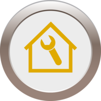 Symbol eines Hauses mit einem Schraubenschlüssel in der Mitte, dargestellt in Gelb auf weißem Hintergrund, umgeben von einem grauen Kreis.