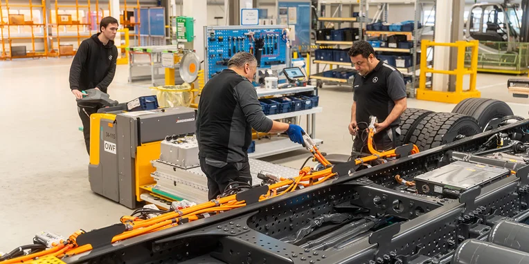 Drei Personen arbeiten in einer modernen Werkstatt an einem Fahrzeugchassis. Zwei Mitarbeiter installieren elektrische Komponenten, während ein dritter in der Nähe steht und supervisiert. Die Umgebung zeigt technische Ausrüstung und Biite, die für die Montage verwendet wird.