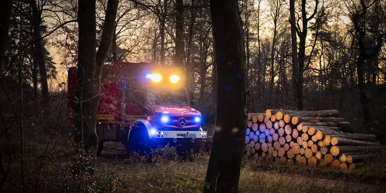 Ein Mercedes-Benz-Lkw mit eingeschaltetem Blaulicht steht in einem Wald, neben einem Stapel frisch gehackter Baumstämme. Der Hintergrund zeigt eine Dämmerungsstimmung.