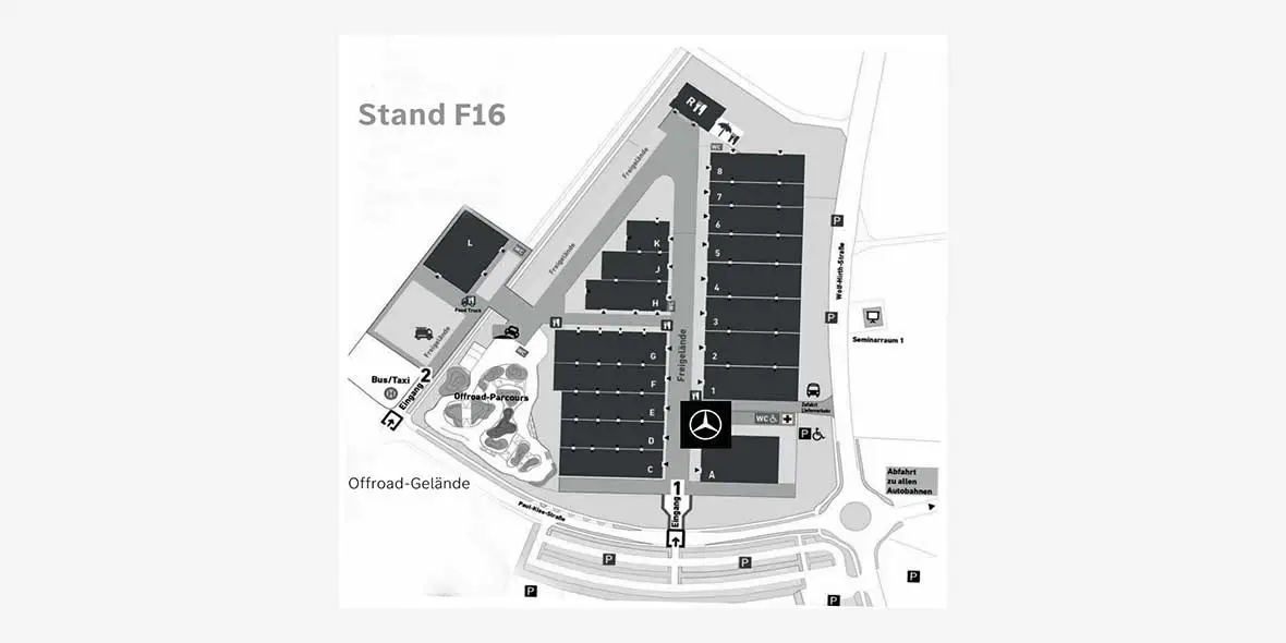 Übersichtskarte des Standes F16 von Mercedes-Benz, einschließlich der Anordnung der Ausstellungsflächen und Offroad-Gelände, um Besuchern bei der Orientierung zu helfen.