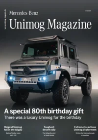 Luxuriöser Mercedes-Benz Unimog steht auf dem Cover des Unimog Magazins, Ausgabe 1/2026. Der Titel schließt ein spezielles 80. Geburtstagsgeschenk ein.