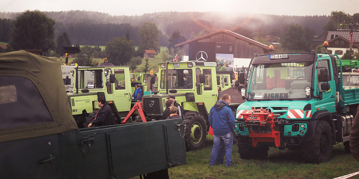 Unimog and MB-trac of all model years in Aufhofen, Bavaria.